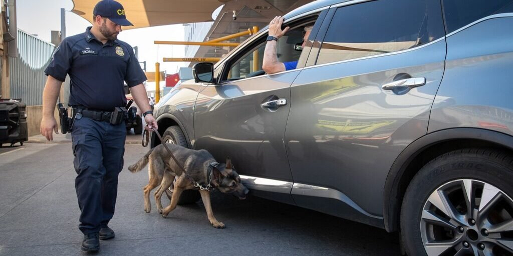 A CBP officer and K-9 inspect a vehicle arriving at a U.S.-Mexico border port of entry